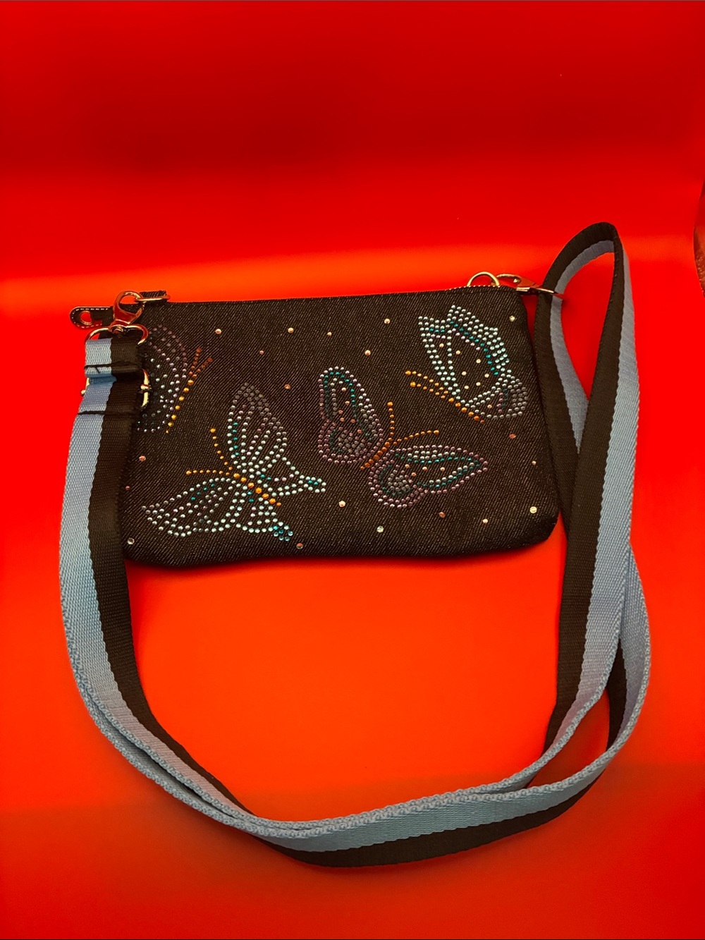 🎉🎉🎉Brighton Black Crossbody with Blue Accent Strap and Rhinestone Butterflies 🦋